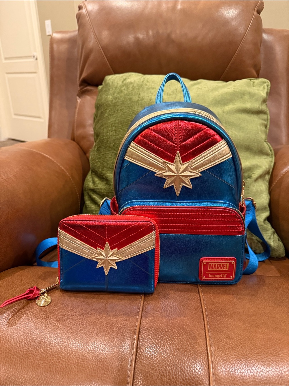 Loungefly Captain Marvel Metallic Blue, Red & Gold Mini Backpack with Wallet